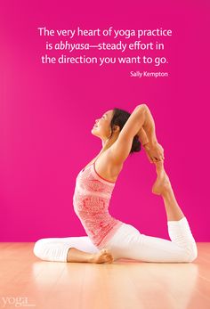 a woman is doing yoga in front of a pink background with a quote about the benefits of yoga