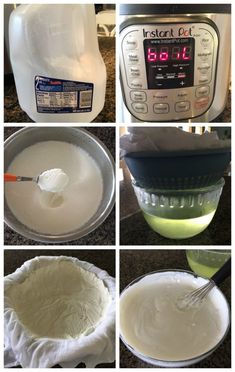 four pictures showing how to make whipped cream in the instant pressure cooker, including milk and sugar