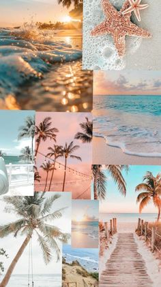 a collage of beach scenes with palm trees