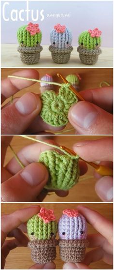 the crocheted cactus is being made with yarn