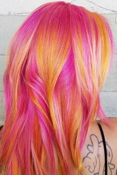 Pink And Yellow Hair, Sunset Hair, Light Pink Hair, Vivid Hair, Vivid Hair Color, Medium Length Hair With Layers, Colourful Hair, Hair Dye Ideas, Coloured Hair