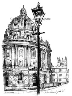 a black and white drawing of a building with a street light in front of it