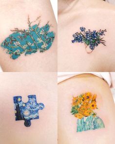 four different tattoos with flowers and paintings on them