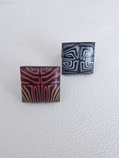 These tribal rings are made of polymer clay with adjustable bronze base.  The bright color combination makes rings very appealing.    Your ring will be one of a kind. Natural Clay Rings, Funky Clay Rings, Red Clay Rings, Handmade Southwestern Red Ring, Funky Rings Clay, Ring Polymer Clay, Square Ring, Square Rings, Modern Ring