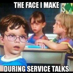 the young children are talking to each other in front of a tv screen with text that reads, the face i make during service talks