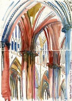 watercolor and ink drawing of an archway in a building with arches on each side