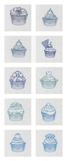 six different cupcakes are drawn in blue ink