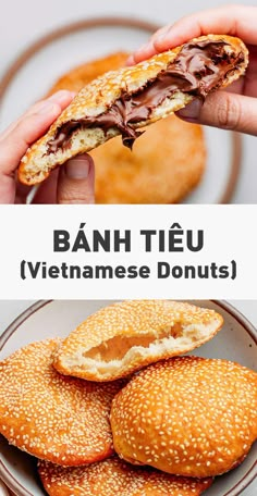 a person holding a sandwich in their hand with the words banh tieu vietnamese donuts above it