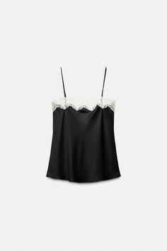 ZARA WOMAN COLLECTION Satin camisole top made of spun viscose. Straight neckline and thin straps. Contrast lace appliqué detail. Leather T Shirt, Lingerie Satin, Lace Camisole Top, Satin Camisole, Cardigan Sweater Dress, Cardigan Sweater Jacket, Lace Camisole, Lingerie Accessories, Lace Lingerie