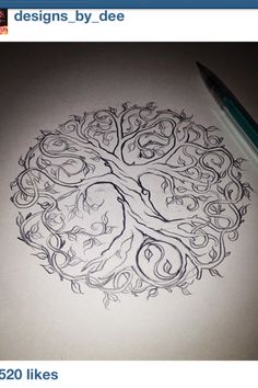 a drawing of a tree in the middle of a page with a pen on it