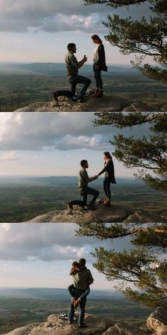 two people sitting on top of a mountain talking to each other and holding hands with one another