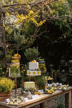 a table topped with lots of cakes covered in yellow and white frosting next to trees