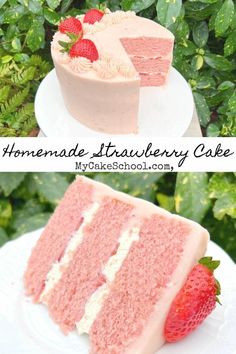 two pictures of a strawberry cake with white frosting and strawberries on the top