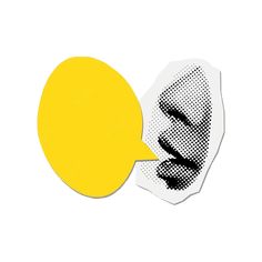 a yellow speech bubble next to a black and white drawing of a man's face