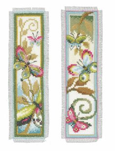 two cross stitch bookmarks with butterflies on them