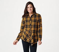 This button-front top boasts fun and flirty details, like an eye-catching print and an asymmetrical peplum hem. From Susan Graver. Button Front Top, Susan Graver, Top Plus Size, Peplum Hem, Button Front Shirt, Collar Shirts, Women's Plaid Shirt, Womens Clothing Tops, Size Clothing