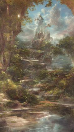 a painting of a castle in the middle of a forest filled with trees and water