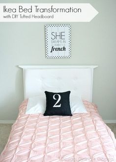 a bed with pink sheets and pillows in front of a white headboard that says ikea bed transformation with diy filled headboard