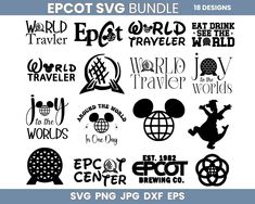 the disney world svg bundle is shown in black and white