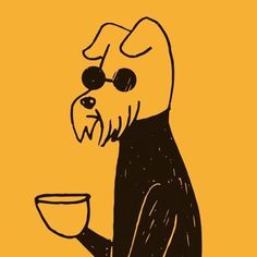 a drawing of a dog holding a coffee cup