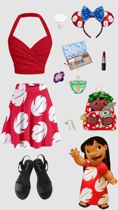 an assortment of items including a red dress, headbands and sunglasses