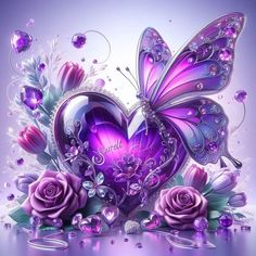 a purple heart with flowers and butterflies on the side, surrounded by jewels in the shape of hearts