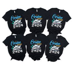 four cruise shirts with the number twenty one and two for each boat on them, all printed in different colors