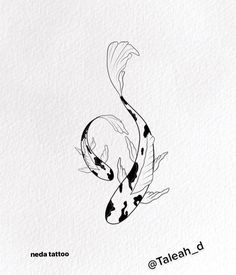 a black and white drawing of a koi fish with its tail curled in the air