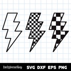 four lightning bolt svg designs in black and white, with checkered squares on the background