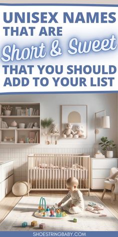 a baby sitting on the floor in front of a crib with toys around it