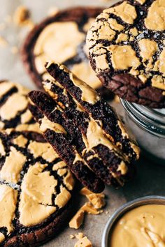 chocolate cookies with peanut butter frosting on top