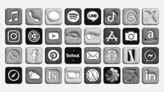 a bunch of black and white social icons