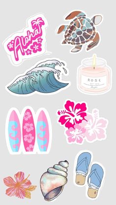 various stickers and decals on a gray background, including an ocean turtle, seashells, sand dollar, pink hi