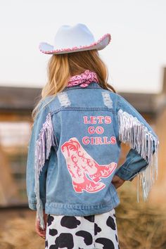 Cowgirl Costume - 3 Piece Set | Sparkle In Pink Horse Girl Outfits, Pink Cowgirl Boot, Western Cowgirl Outfits, Fringe Denim Jacket, Lets Go Girls, Pink Cowgirl Boots, Jean Jacket For Girls, Boot Design