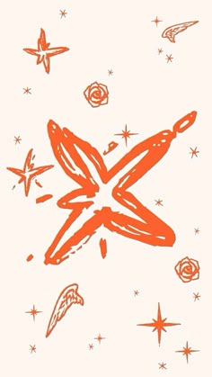 an orange star and some stars on a white background with red ink in the middle