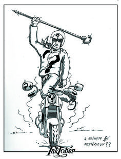 a drawing of a man on a motorcycle holding an umbrella over his head and riding it