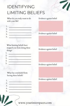 Overcome Limiting Beliefs Worksheet Glow Up Affirmations, Counseling Worksheets, Mental Health Activities, Healing Journaling, Affirmations Positive, Mental Health Counseling, Counseling Activities