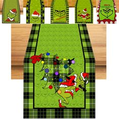 the grin christmas table runner and placemats are shown in three different colors, including green