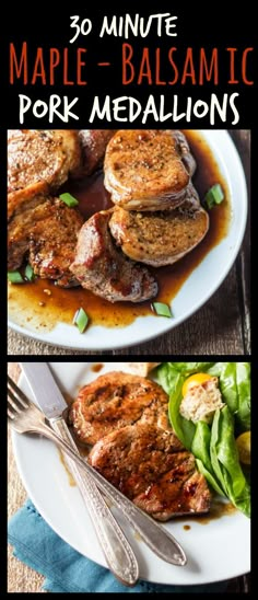 three different pictures of pork medallions with sauce on top and in the middle,