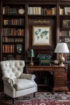 an old fashioned chair sits in front of a desk and bookshelf