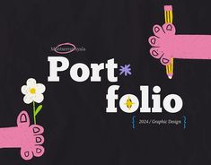 a black background with pink and white flowers in the center, and text that reads port folio