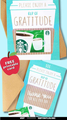 two greeting cards with the words, please enjoy a cup of gratitude and an apple