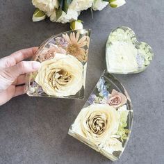 three clear boxes with flowers in them on a table