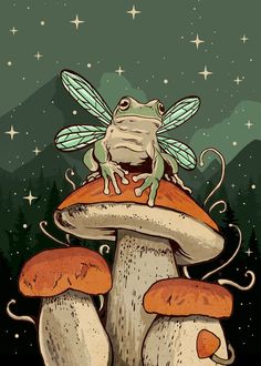 a frog sitting on top of a mushroom with two mushrooms in the foreground and stars in the background