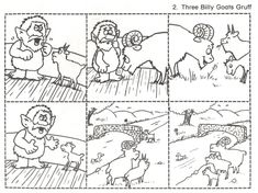 four cartoon scenes with sheeps and goats in the field, one is eating something