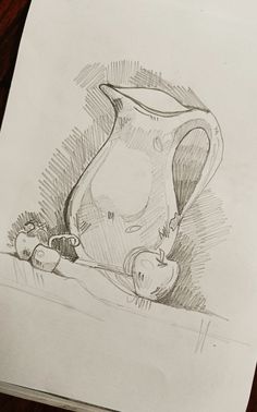 a drawing of a pitcher and two apples on a table next to a pencil sketch