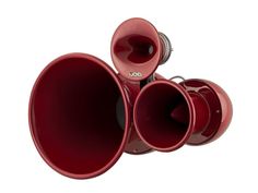 three red speakers sitting on top of each other