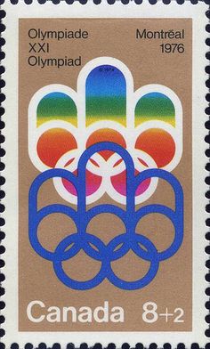 a postage stamp with an olympic symbol on the front and bottom, which reads canada 8 - 2