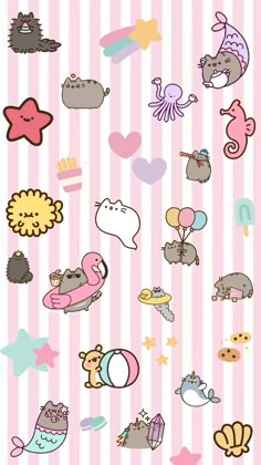 a pink and white striped wallpaper with various cartoon animals on it's side