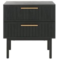 a black and gold nightstand with two drawers on one side, the top is open